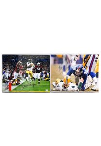 Grouping Of NFL Hall Of Famers & Stars Autographed Photos Including Kelly, Fouts, Strahan & More