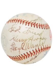 Hall of Famers Multi-Signed Baseball with Paige, Traynor, Stengel, Hooper, Frisch & Mrs. Babe Ruth