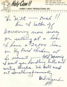 Harry Caray Hand-Written and Signed Letter