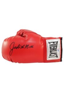 Jake LaMotta Autographed Sparring Glove, Speed Bag, Shorts & Boxing Glove