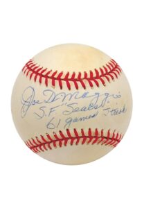 Joe DiMaggio Single-Signed Baseball Inscribed “SF Seals 61 Games Streak”