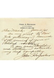 John Heydler Handwritten & Autographed Note, Ford Frick Autogrpahed Letter