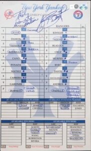 June 2, 2009 AJ Burnett NY Yankees vs. Rangers Autographed Lineup Card with “First Win at Stadium”