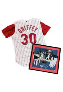 Ken Griffey Jr. Autographed Reds Jersey & Batting Gloves Framed Display