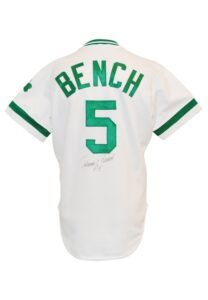 Late 1970s Johnny Bench Cincinnati Reds St. Patricks Day Autographed Game Jersey & Stirrups