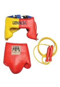 Lennox Lewis Training Used Jump rope, Headgear with Fight Worn Protective Cup