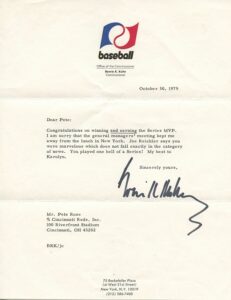 Letter from Commissioner Bowie K. Kuhn to Pete Rose Congratulating Him on Series MVP