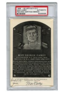 Max Carey Signed HOF B&W Plaque Postcard