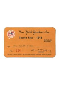 Mel Allen’s 1948 Yankee Stadium Season Pass held by Allen when he Emceed Babe Ruth Day