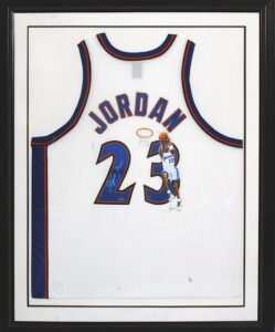 Michael Jordan Autographed and Framed Limited Edition Wizards Jersey Hand Painted By Jolene Jessie