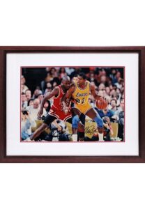 Michael Jordan & Magic Johnson Dual-Autographed “91 Finals” Framed Display