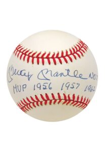 Mickey Mantle Single-Signed Baseball Inscribed “NO.7 MVP 1956 1957 1962”