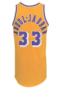 Mid 1980s Kareem Abdul-Jabbar Los Angeles Lakers Pro Cut Twice Autographed Home Jersey