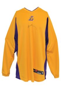 Mid 2000s Los Angeles Lakers Player-Worn & Autographed Home Shooting Shirt Attributed To Kobe Bryant