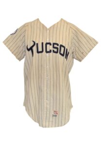 Minor Leagues Game-Used Jerseys Lot — 1969 Cocoa Astros Road Flannel, 1969 Tucson Toros Home Pinstripe Flannel, 1972 Oklahoma City 89ers & 1989-90 St. Petersburg Pelicans Road