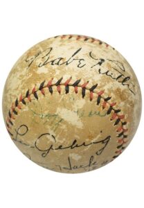 Multi-Signed Autographed Baseball — Babe Ruth, Dizzy Dean, Lou Gehrig & Stan Hack