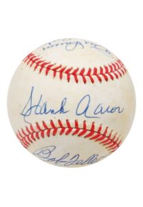 Multi-Signed Baseball with Aaron, Larsen, Spahn, Feller, Mize, Drysdale, Mathews & Johnny Unitas