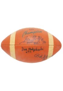 Multi-Signed Football with Huff, Austin, MacAfee, Modzelewski, Nolan, Schnelker and Svare with Vintage New York Giants Travel Bag