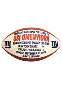 New York Giants Game-Used Presentation Footballs — 9/30/2007 Osi Umenyiora & 1/20/2008 Corey Webster