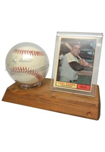 New York Yankees Single-Signed Autographed Baseballs — 10/8/1956 Don Larsen & Yogi Berra With Encapsulated Topps 425 Card