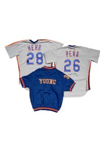 NY Mets Game-Used & Signed Jerseys & BP Pullover – Herr, Pena & Young)