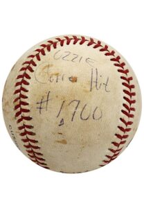 Ozzie Smith Game-Used, Autographed & Inscribed Baseball From Career Hit #1,700