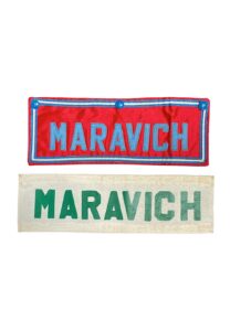 Pete Maravich Player Worn Jacket Nameplates Attributed To His First & Last NBA Games