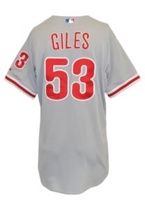 Philadelphia Phillies Game-Used/Player-Worn Jerseys — 7/5/2015 Ken Giles Road, 4/18/2016 Aaron Nola Spring Training, 4/2/2016 Jorge Alfaro Futures Exhibition & 3/17/2016 Jeanmar Gomez St. Patrick’s…