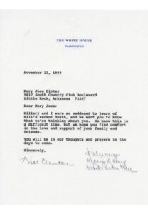 President Bill Clinton Signed TLS on White House Stationary to Bill Dickey’s Widow