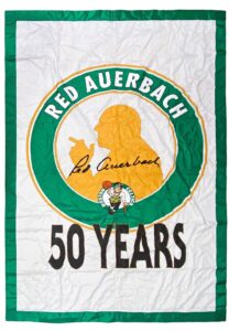 Red Auerbach Boston Celtics 50 Years Of Service Banner Hung From The Boston Garden