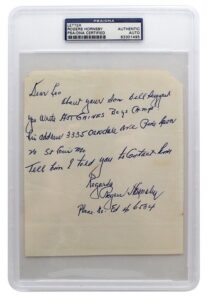 Rogers Hornsby Handwritten & Autographed Letter