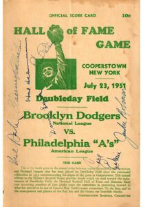 Six Multi-Signed Hall Of Fame Game Official Score Cards Autographed By Jackie Robinson, Campanella, Cy Young, “Kid” Nichols & More