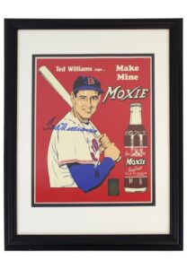 Ted Williams Single-Signed Framed Tin “Moxie Cola” & “Ted’s Creamy Root Beer” Advertisement Pieces