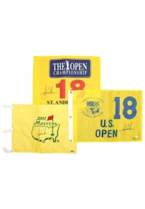 Three Tiger Woods Single-Signed Golf Flags From The Masters, US Open & The Open Championship