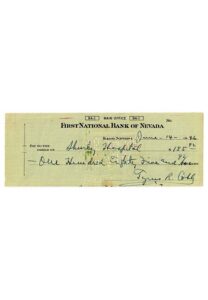 Ty Cobb Autographed Personal Bank Check