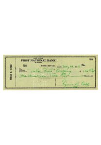 Ty Cobb Autographed Personal Bank Check