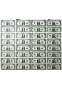 Uncut Sheet of 32 $1 Federal Reserve Notes