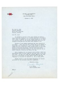 1/3/1951 Woody Hayes Miami University Arizona Salad Bowl Signed Letter