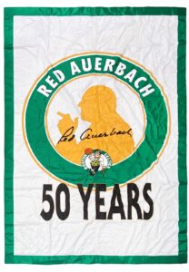 Red Auerbach Boston Celtics 50 Years Of Service Banner Hung From The Boston Garden